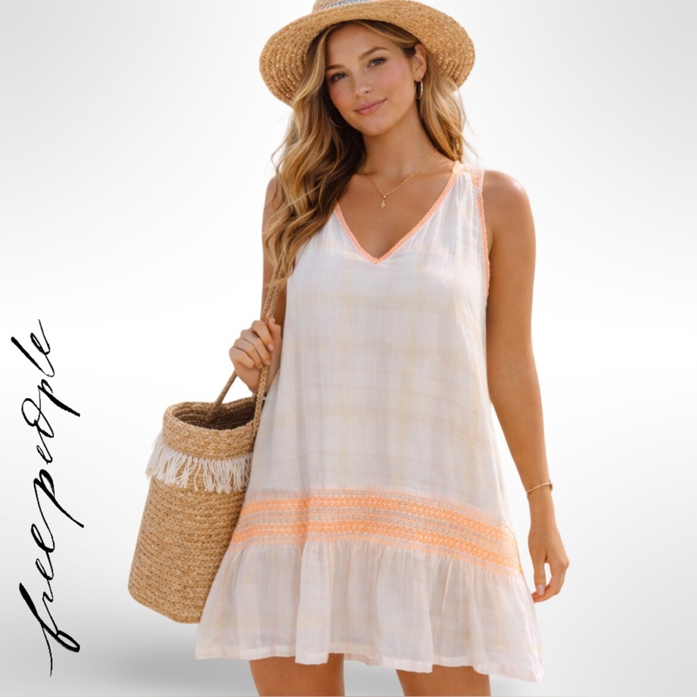 Free People Run With Me Ivory Plaid Mini Dress XS Neon Orange Embroidery NWT